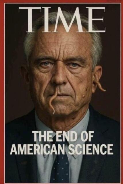Front page of Time Magazine, titled "the end of American science", showing a mugshot of Robert F. Kennedy, Jr. with a worm sticking out of his nose and ear.
