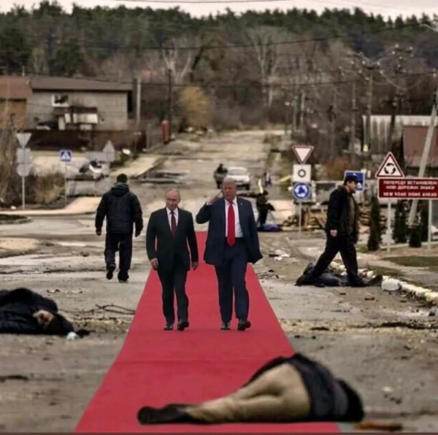  Constructed photo of Putin and Trump walking over the red carpet in Alaska, only here the ceremony is situated in a war-torn street in a Ukrainian village, with several dead bodies on the street, one at the beginning of the carpet. Putin seems to smile while looking at a body, Trump making a military salute.