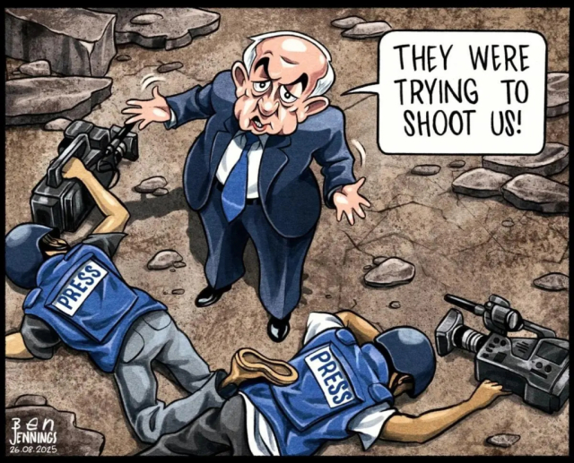 Drawing of Netanhayu, standing around two dead journalists, theirs hands still on their cameras. He says, shrugging his shoulders: "they were trying to shoot us!"