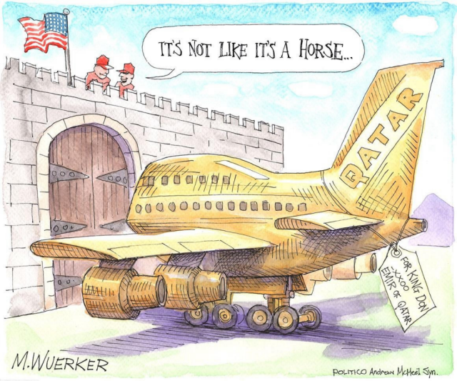 A golden Boeing 747, in front of a castle gate with an American flag on it. It's got a tag on the tail, saying 'For king Don - Emir of Qatar'. One of the guards on the wall says to the other, 'it's not as if it's a horse'.