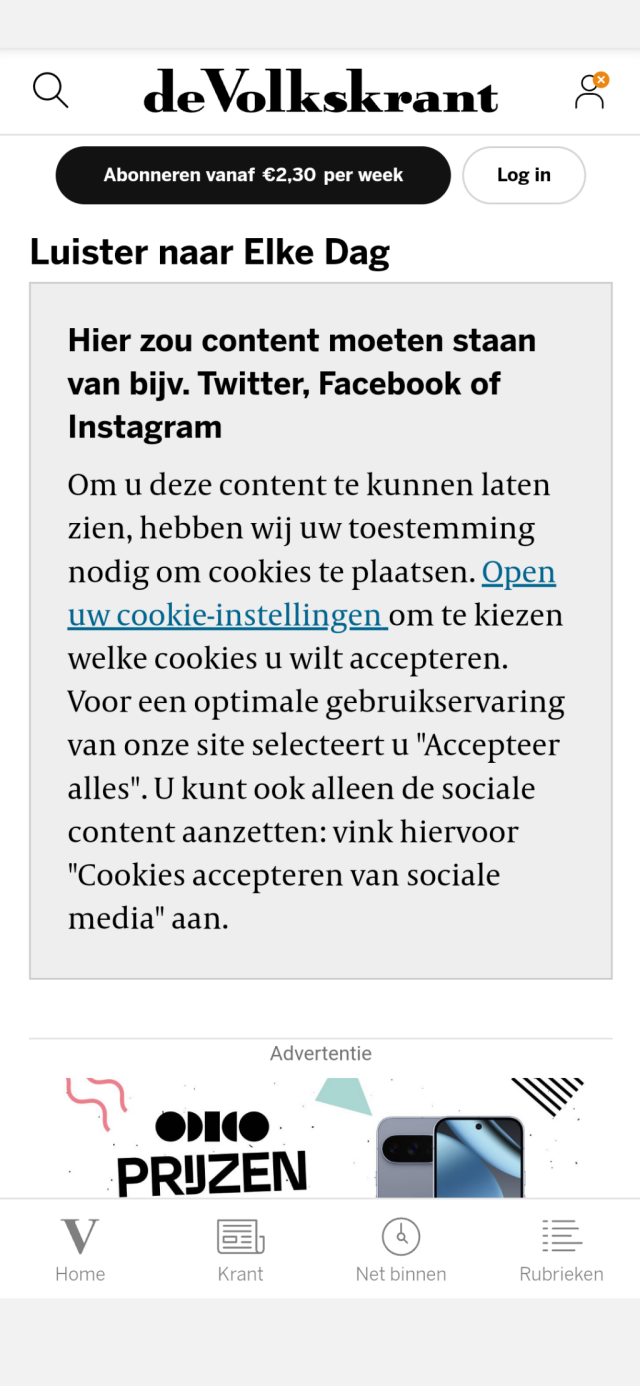 Screenshot van de site van De Volkskrant: 'hier zou content moeten staan van bijv. Twitter, Facebook of Instagram'.