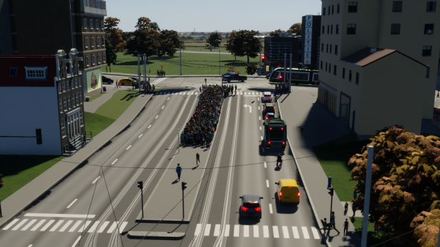Foto uit Cities:Skylines 2 van een tramhalte waar onvoorstelbaar veel mensen staan te wachten Foto uit Cities:Skylines 2 van een tramhalte waar onvoorstelbaar veel mensen staan te wachten