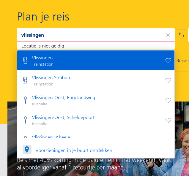 Screenshot van de NS Reisplanner. Bij 'locatie' is 'Vlissingen' ingevuld, daaronder de foutmelding 'Lokatie is niet geldig'. Daaronder de geldige opties, met 'Vlissingen' als eerste.