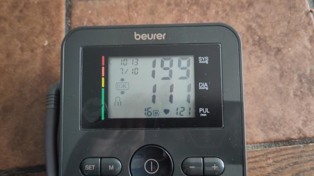 Heart monitor: blood pressure 199 over 111, heart rate 121